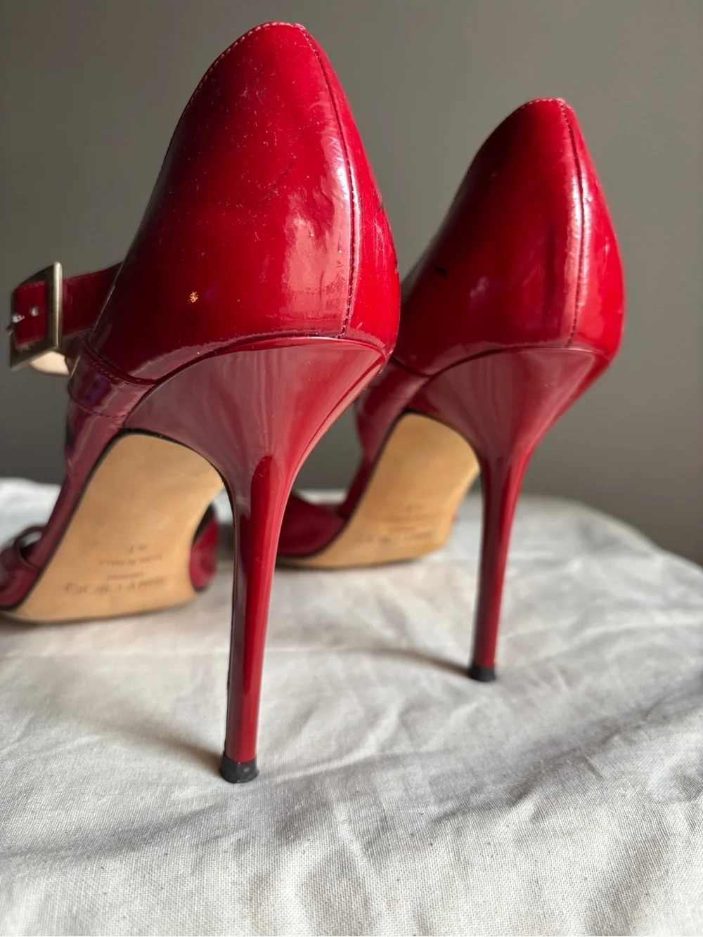 Jimmy Choo Peep Toe Stiletto Heels Red Patent Leather Mary Jane EU 41 US 10